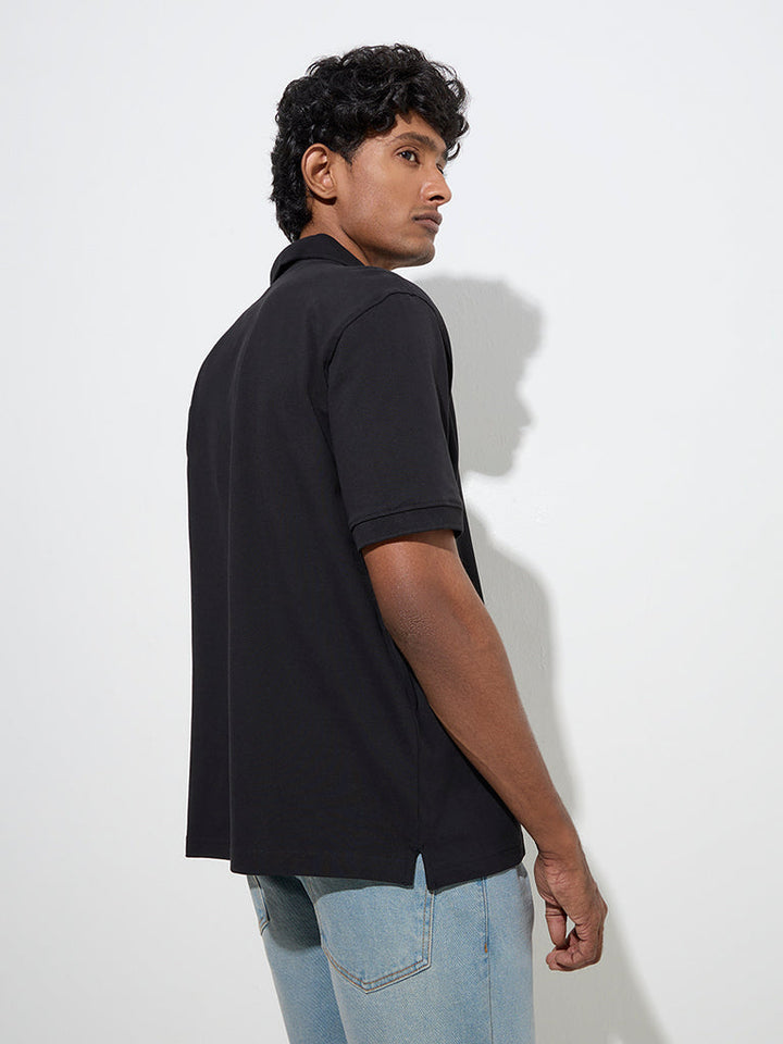 WES Casuals Black Relaxed-Fit Cotton-Blend Polo T-Shirt