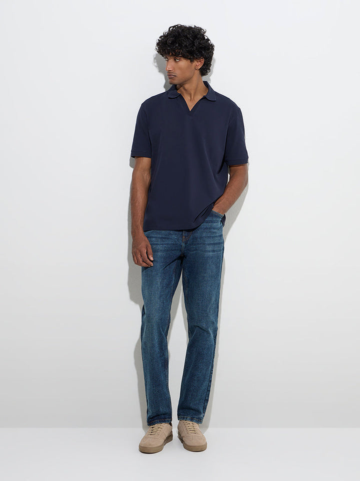 WES Casuals Navy Relaxed-Fit Cotton-Blend Polo T-Shirt
