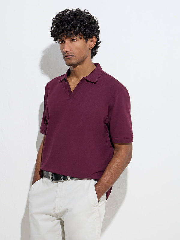 WES Casuals Wine Relaxed-Fit Cotton-Blend Polo T-Shirt