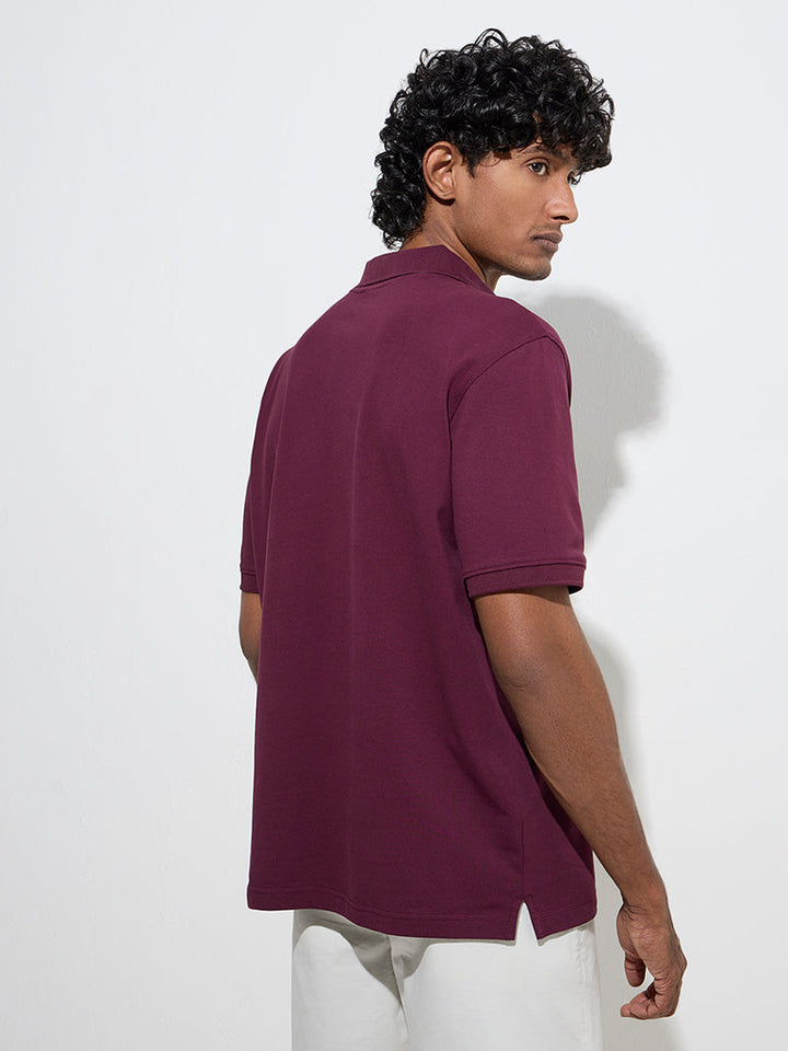 WES Casuals Wine Relaxed-Fit Cotton-Blend Polo T-Shirt