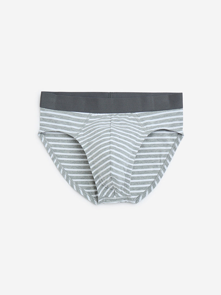 WES Lounge Grey Striped Cotton Briefs - Pack of 3