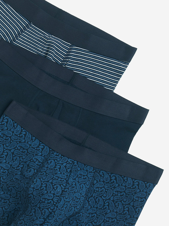 WES Lounge Navy Printed Cotton Trunks - Pack of 3