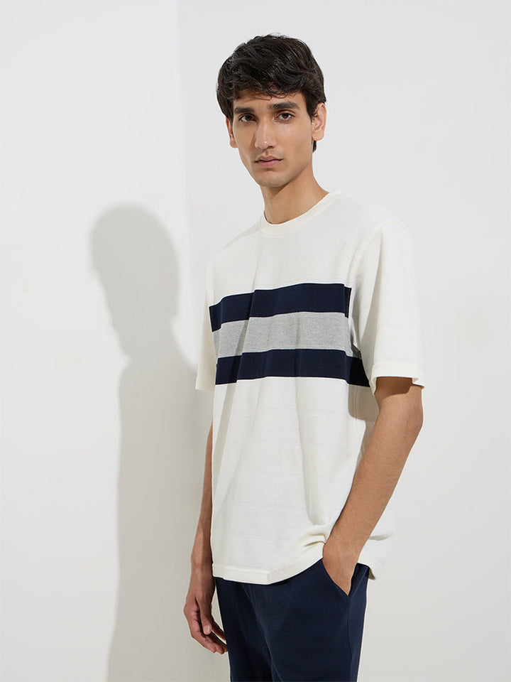 WES Lounge White Striped Relaxed-Fit Cotton-Blend T-Shirt