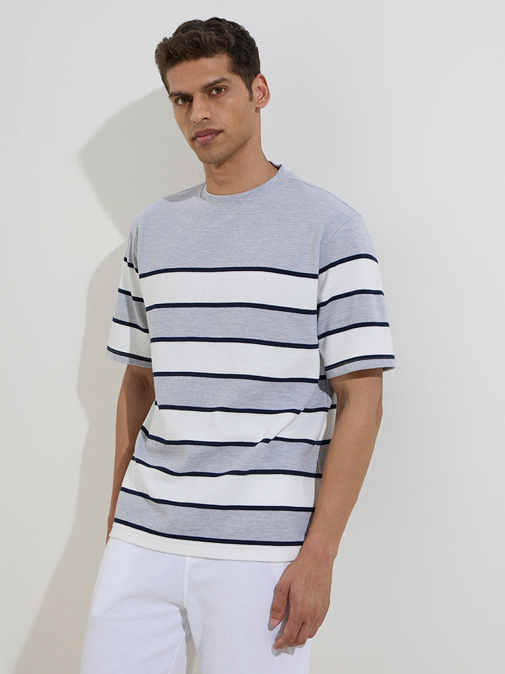 WES Lounge Grey Striped Relaxed-Fit Cotton-Blend T-Shirt