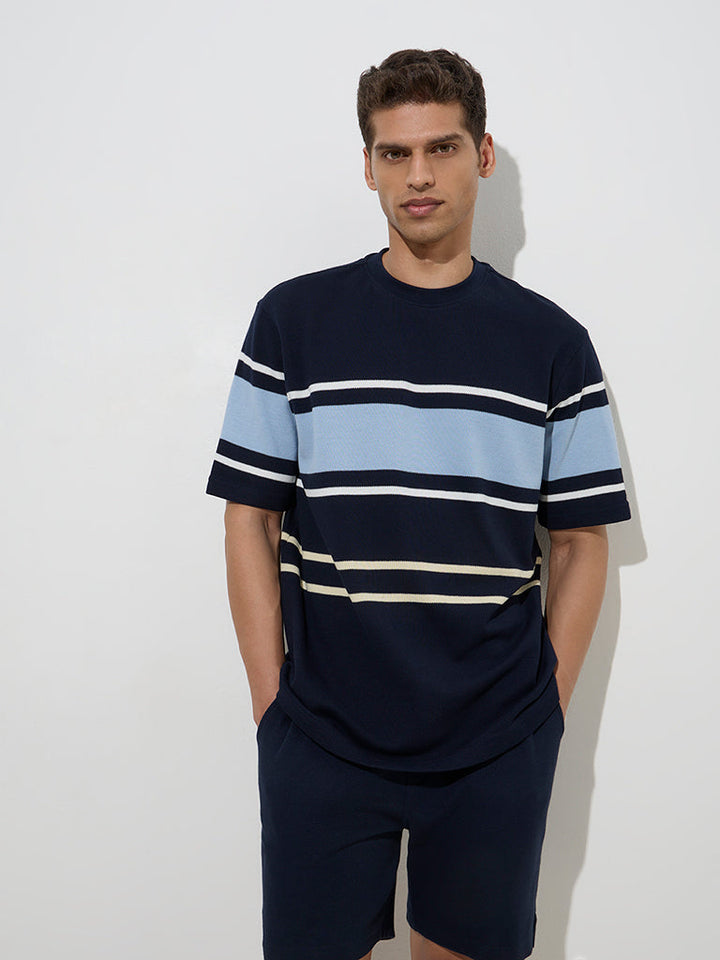 WES Lounge Navy Striped Relaxed-Fit Cotton-Blend T-Shirt