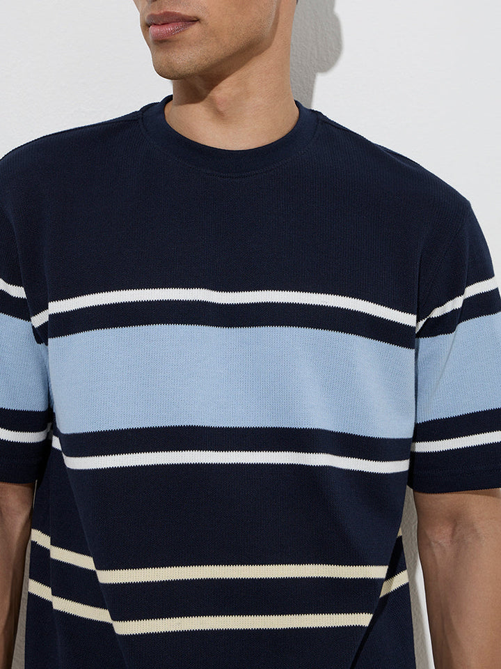 WES Lounge Navy Striped Relaxed-Fit Cotton-Blend T-Shirt