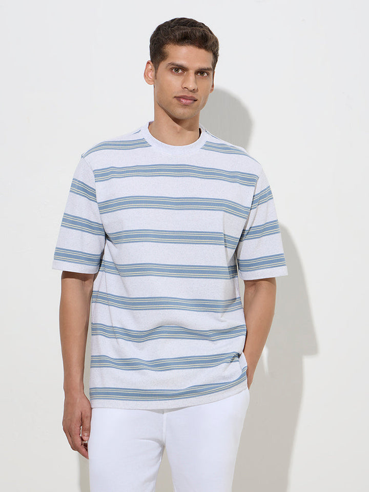 WES Lounge Grey Striped Relaxed-Fit Cotton-Blend T-Shirt