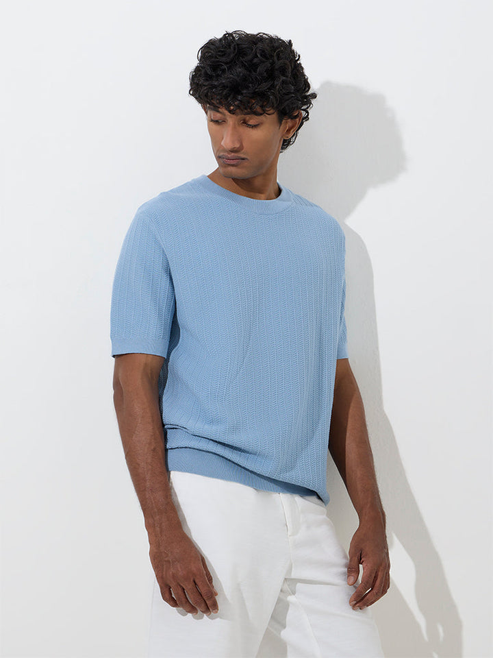 Ascot Blue Knit-Textured Relaxed-Fit Cotton-Blend T-Shirt