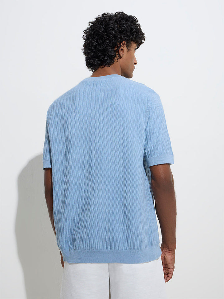 Ascot Blue Knit-Textured Relaxed-Fit Cotton-Blend T-Shirt