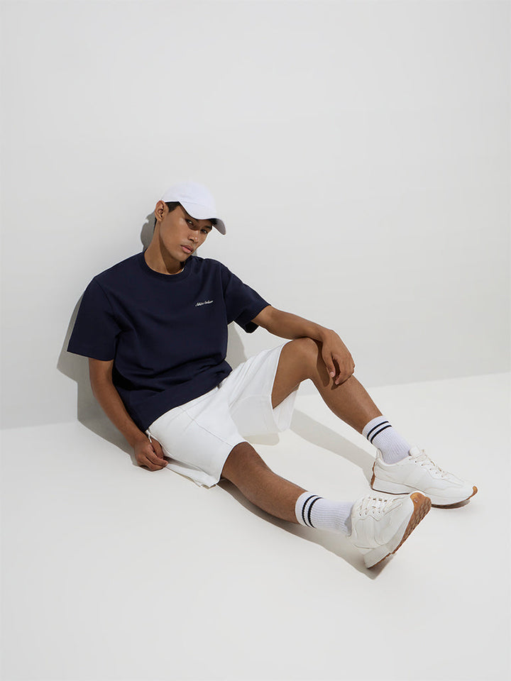 Studiofit Navy Embroidered Relaxed-Fit Cotton-Blend T-Shirt