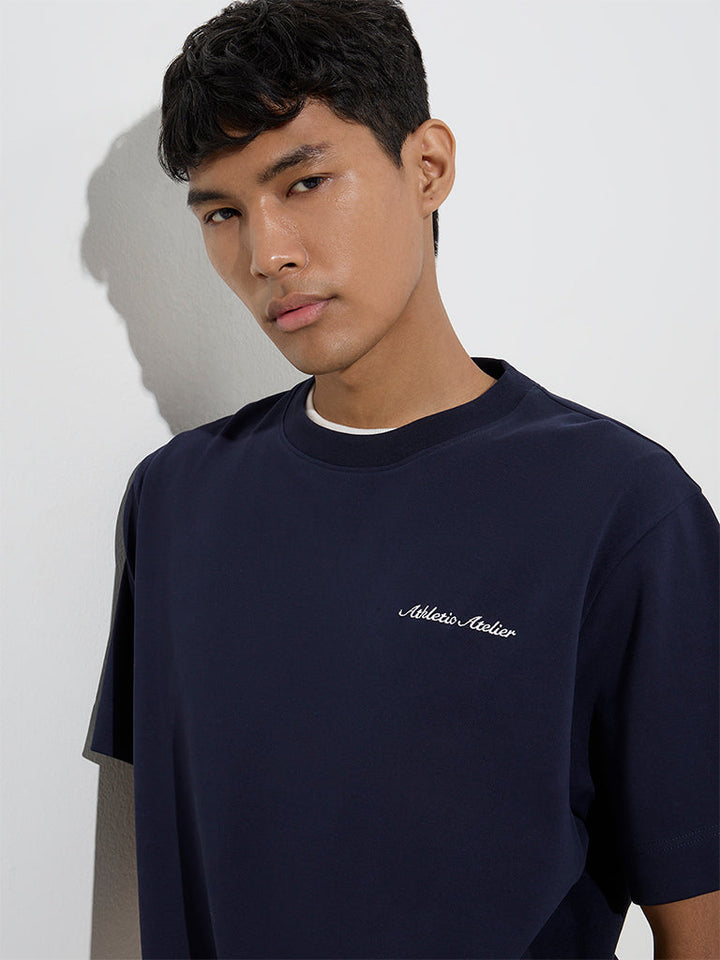 Studiofit Navy Embroidered Relaxed-Fit Cotton-Blend T-Shirt