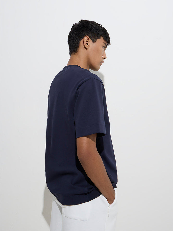 Studiofit Navy Embroidered Relaxed-Fit Cotton-Blend T-Shirt