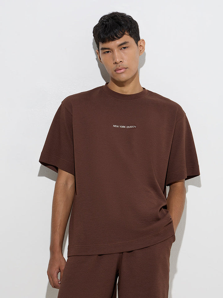 Studiofit Brown Self Relaxed-Fit Cotton-Blend T-Shirt