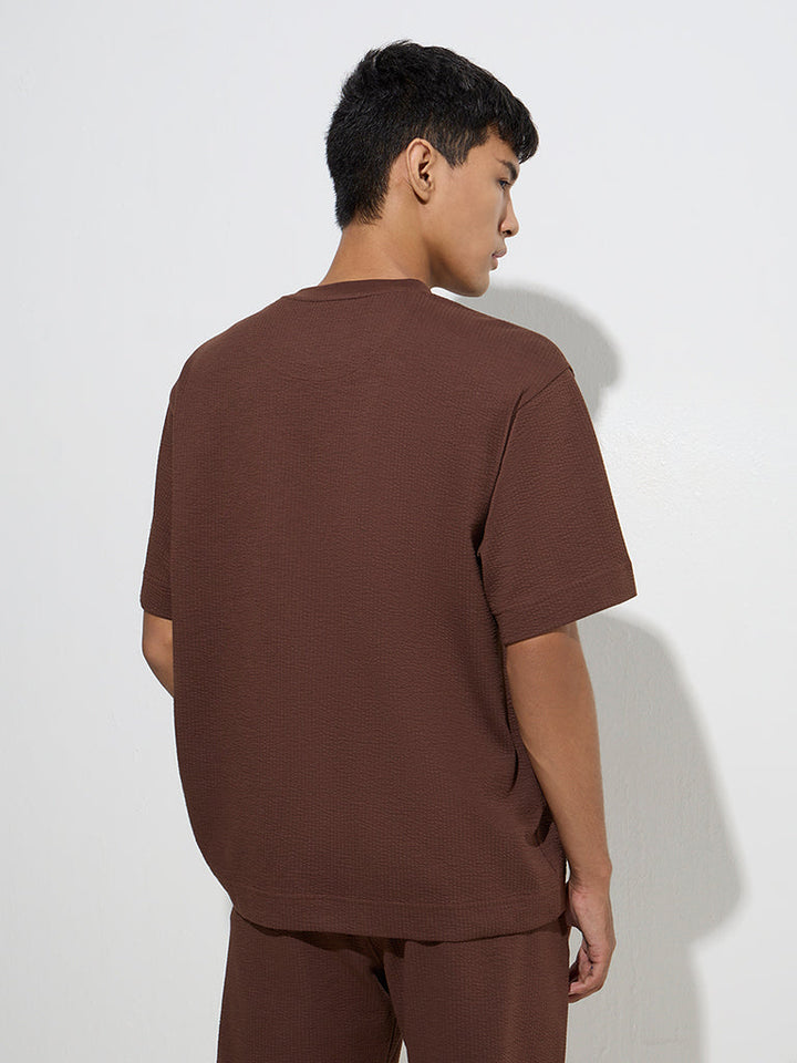 Studiofit Brown Self Relaxed-Fit Cotton-Blend T-Shirt
