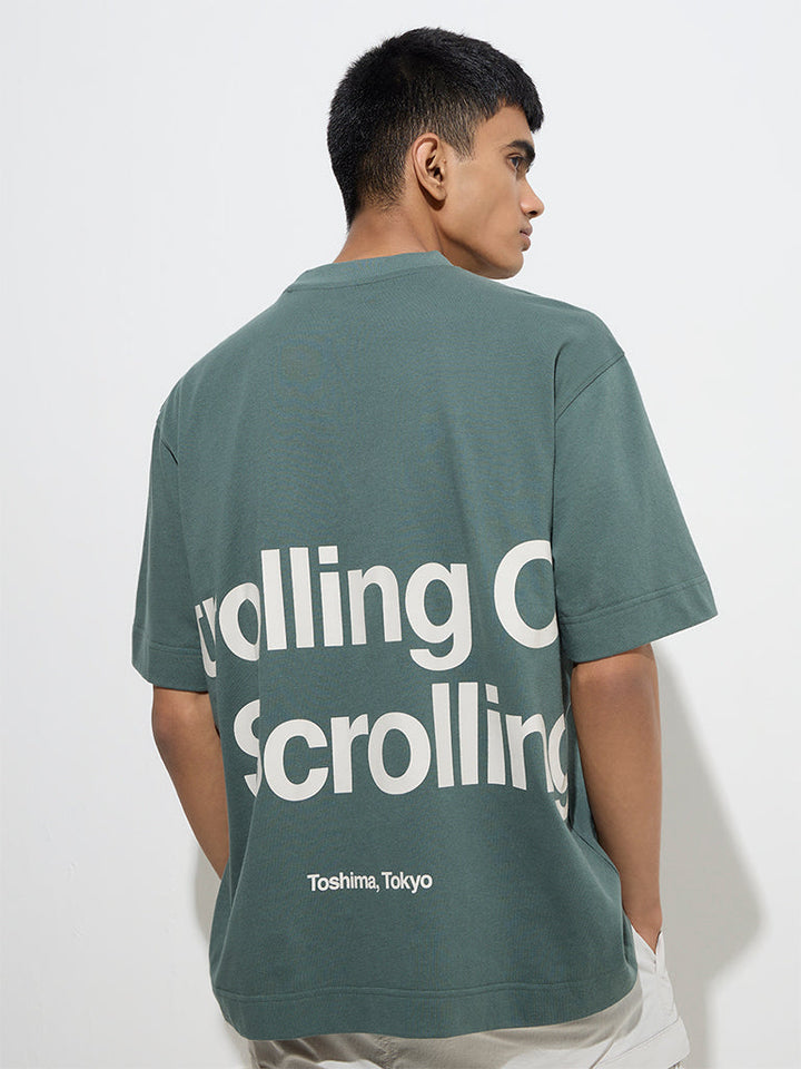 Studiofit Dark Green Text Design Relaxed-Fit Cotton T-Shirt