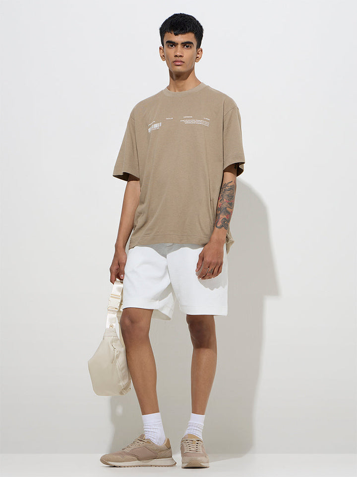 Studiofit Taupe Text Design Relaxed-Fit Cotton T-Shirt