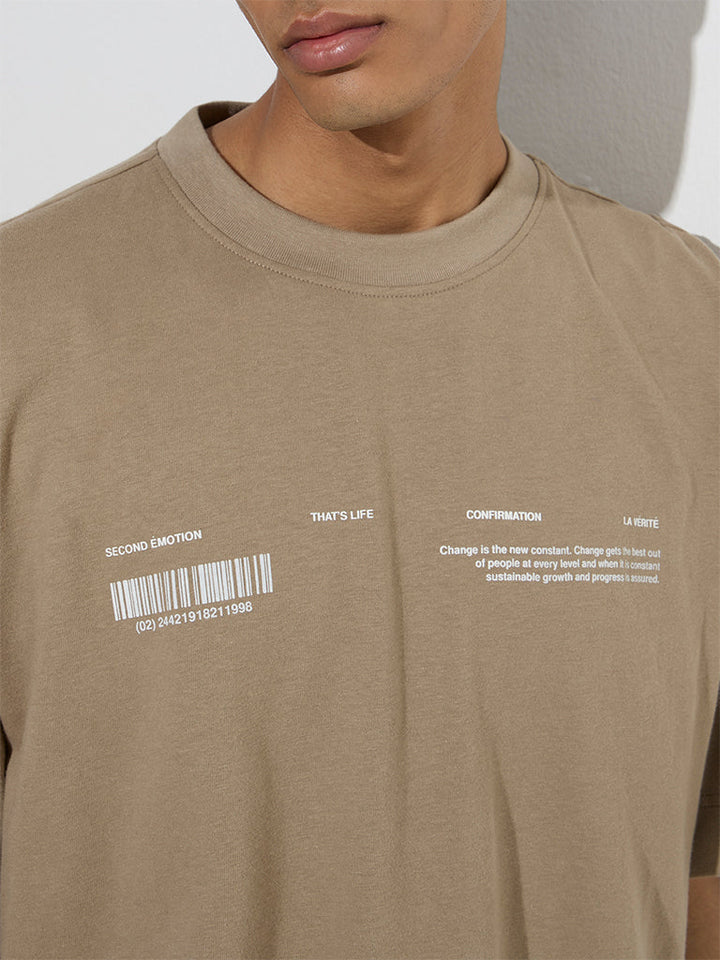 Studiofit Taupe Text Design Relaxed-Fit Cotton T-Shirt