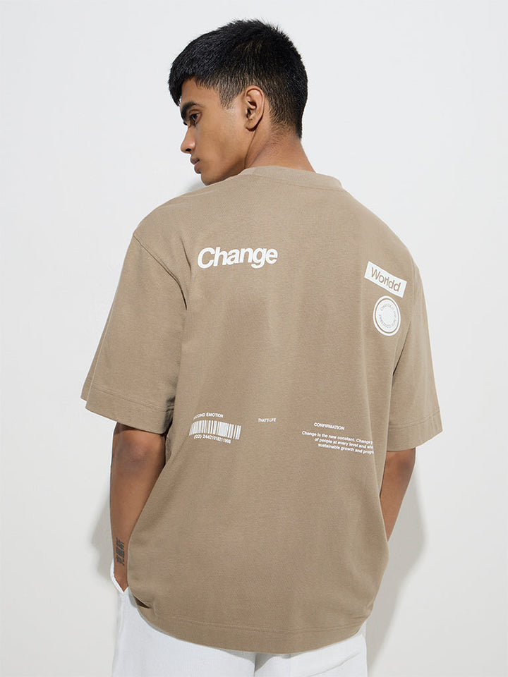 Studiofit Taupe Text Design Relaxed-Fit Cotton T-Shirt