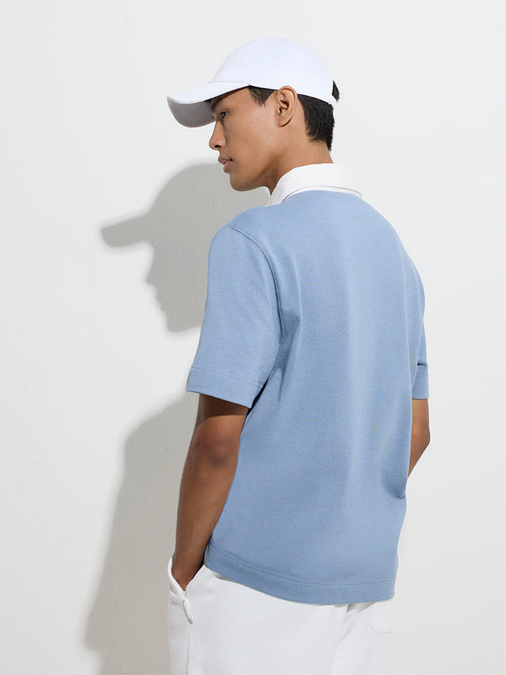 Studiofit Blue Relaxed-Fit Cotton-Blend Polo T-Shirt