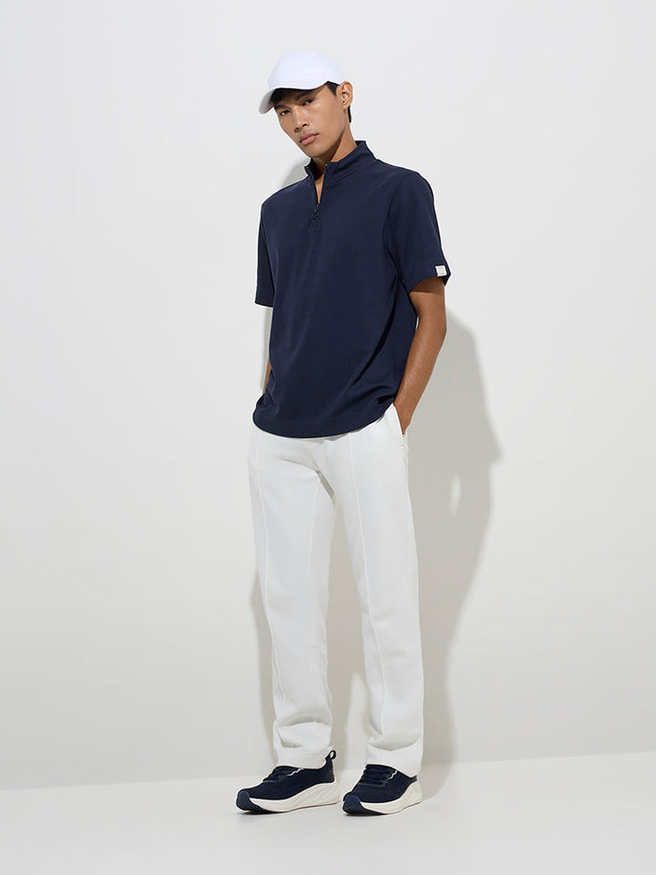 Studiofit Navy Relaxed-Fit Quarter Zip Cotton-Blend T-Shirt