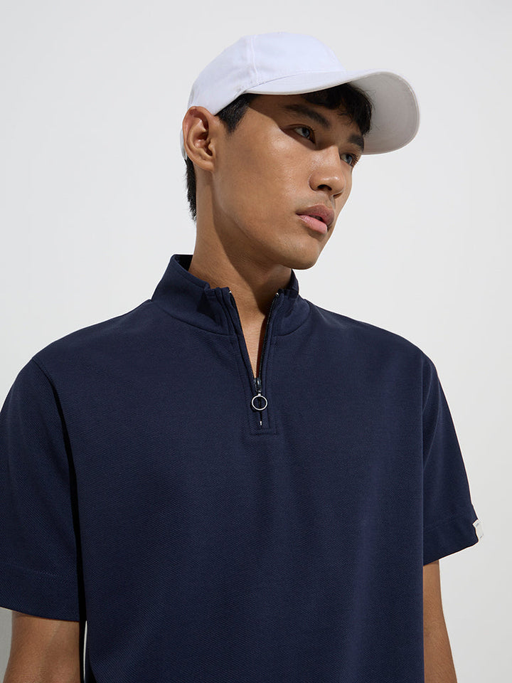 Studiofit Navy Relaxed-Fit Quarter Zip Cotton-Blend T-Shirt