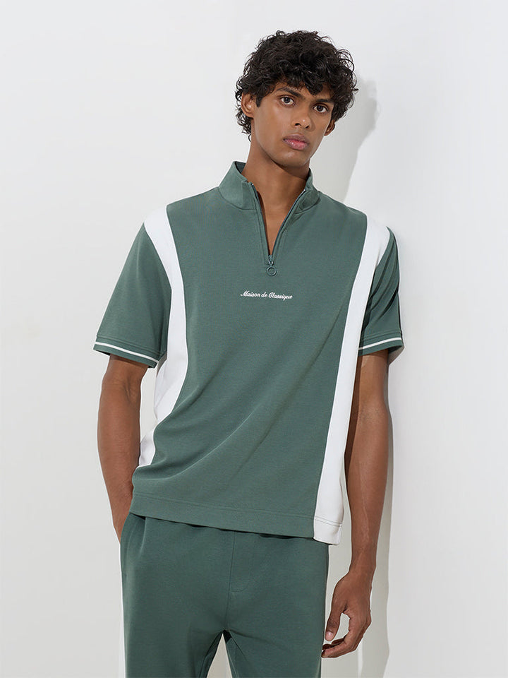Studiofit Green Text Design Quarter Zip T-Shirt
