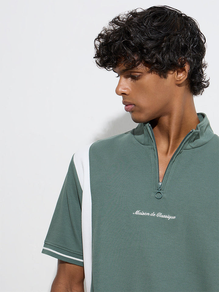 Studiofit Green Text Design Quarter Zip T-Shirt