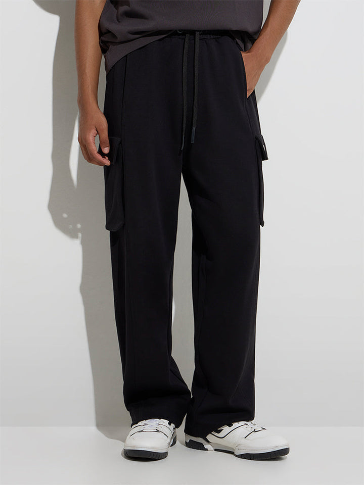 Studiofit Black Solid Relaxed-Fit Cotton-Blend Track Pants