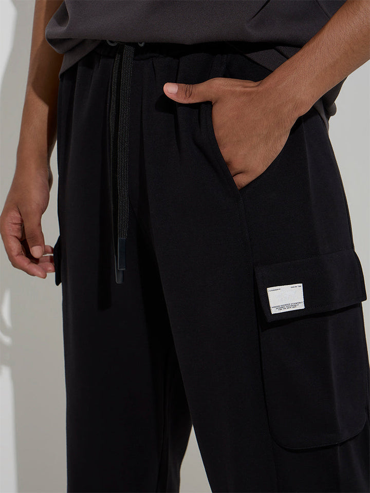 Studiofit Black Solid Relaxed-Fit Cotton-Blend Track Pants