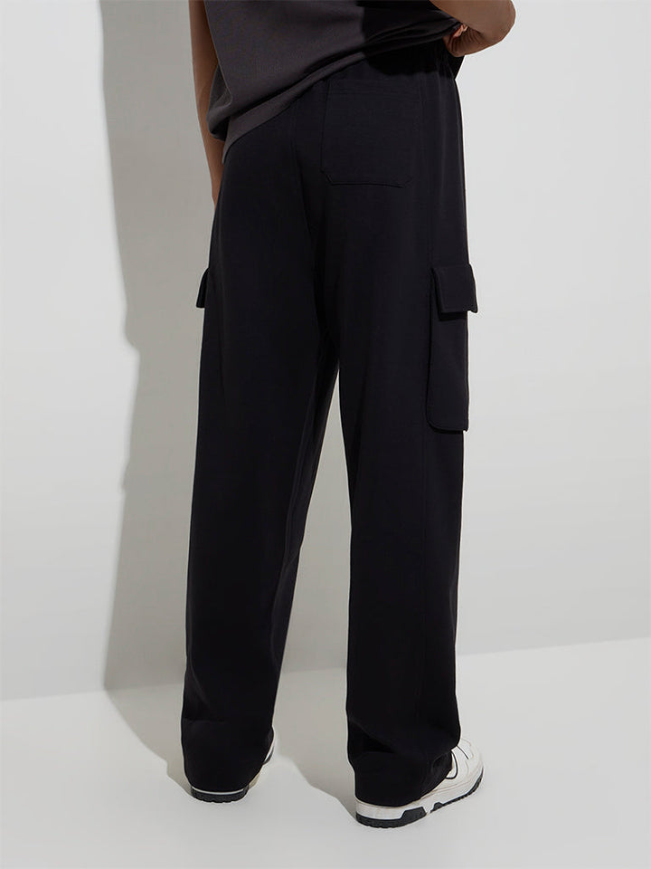 Studiofit Black Solid Relaxed-Fit Cotton-Blend Track Pants