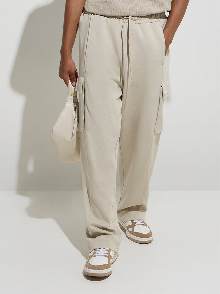 Studiofit Beige Solid Relaxed-Fit Cotton-Blend Track Pants