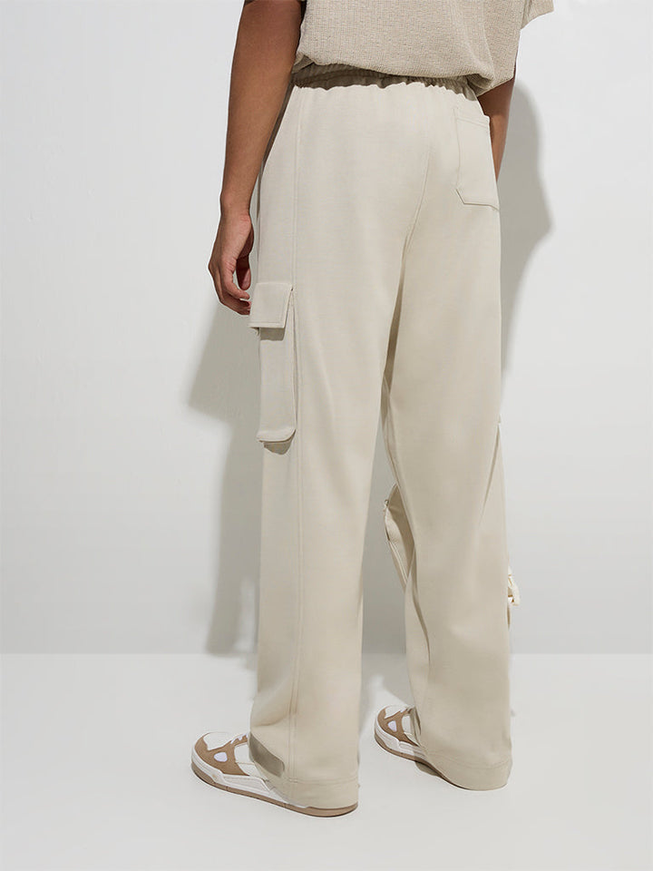 Studiofit Beige Solid Relaxed-Fit Cotton-Blend Track Pants