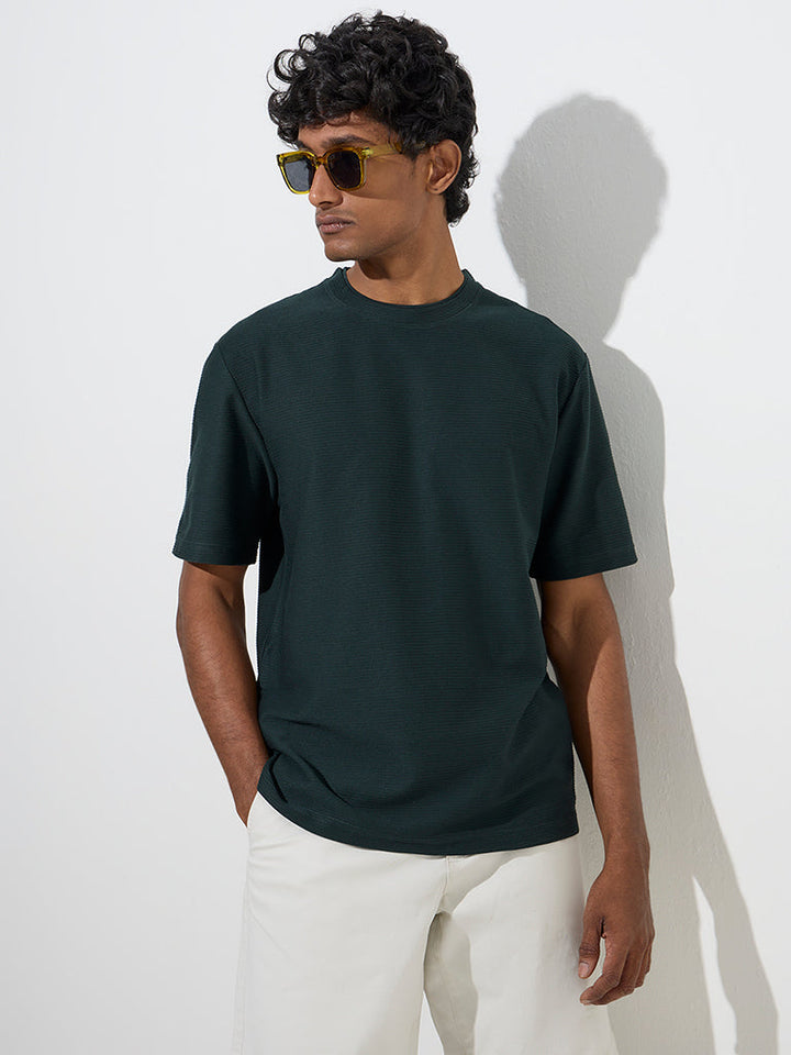 WES Casuals Green Ribbed Relaxed-Fit Cotton-Blend T-Shirt