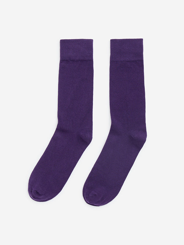 WES Lounge Purple Solid Full-Length Cotton-Blend Socks
