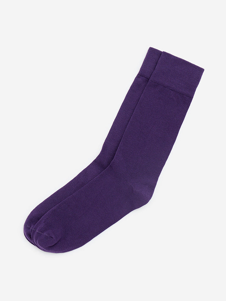 WES Lounge Purple Solid Full-Length Cotton-Blend Socks