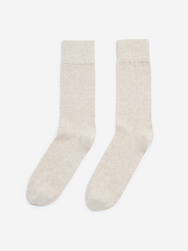 WES Lounge Beige Solid Full-Length Cotton-Blend Socks