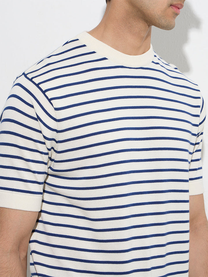 Ascot Off-White Stripe Printed Relaxed-Fit Cotton T-Shirt
