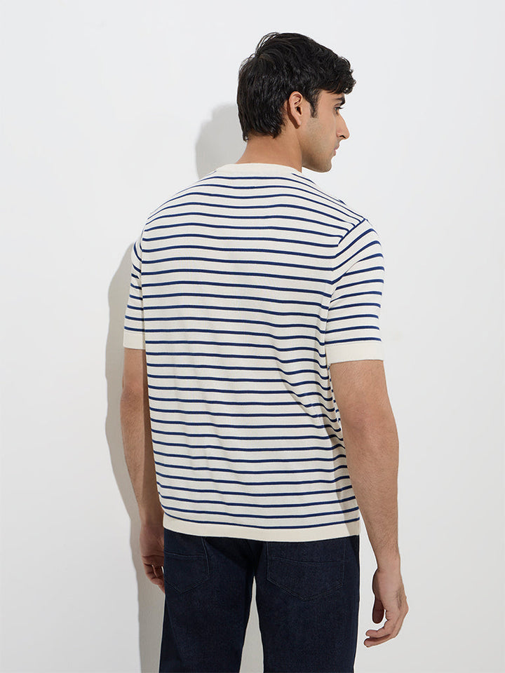 Ascot Off-White Stripe Printed Relaxed-Fit Cotton T-Shirt