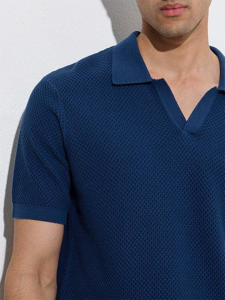 Ascot Indigo Knit-Textured Relaxed-Fit Cotton Polo T-Shirt