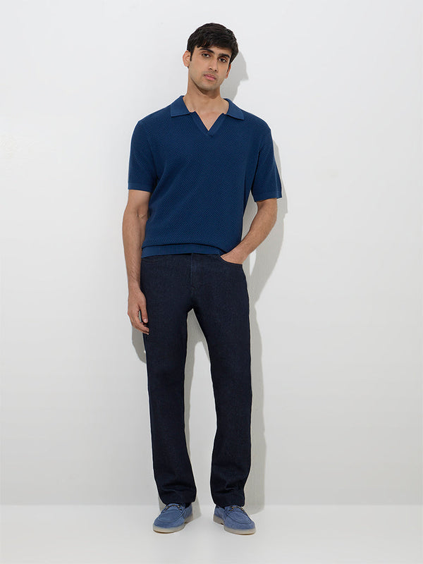 Ascot Indigo Knit-Textured Relaxed-Fit Cotton Polo T-Shirt