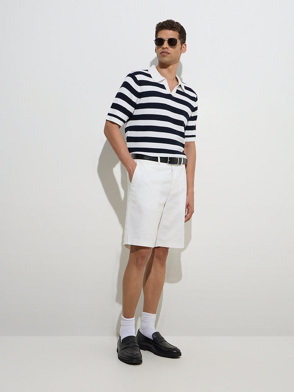 Ascot Navy Striped Relaxed-Fit Cotton-Blend Polo T-Shirt