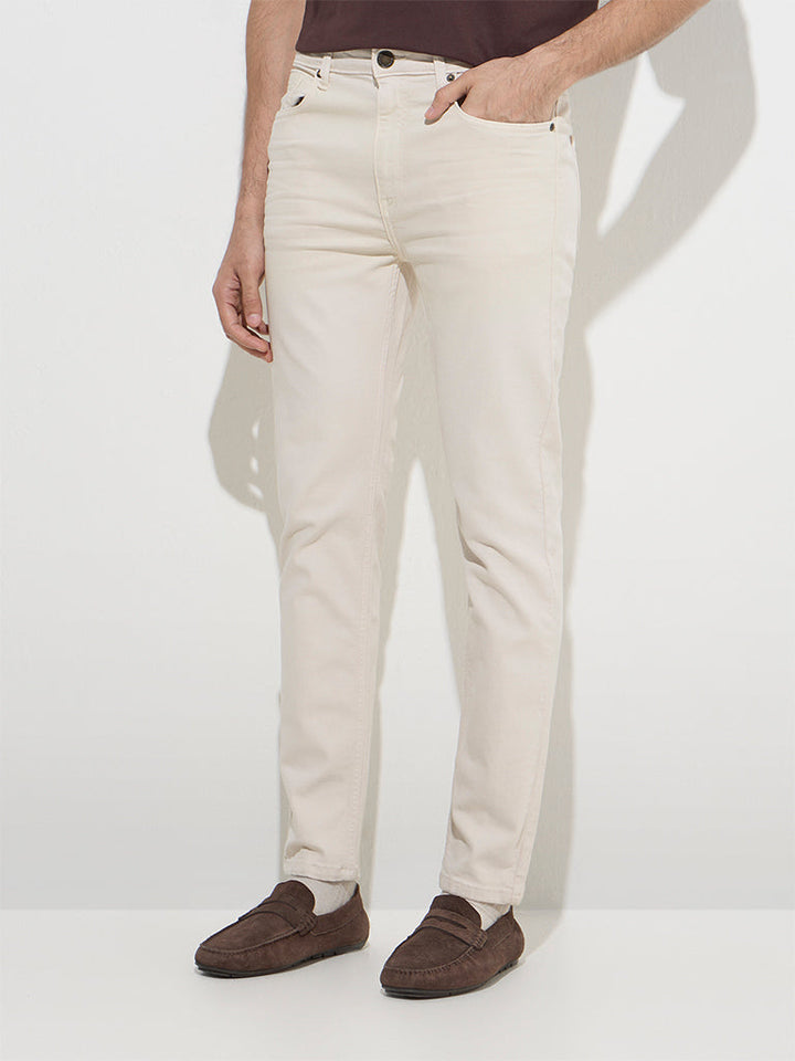WES Casuals Off-White Slim-Fit Mid-Rise Jeans