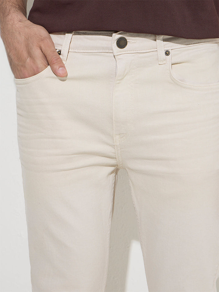 WES Casuals Off-White Slim-Fit Mid-Rise Jeans