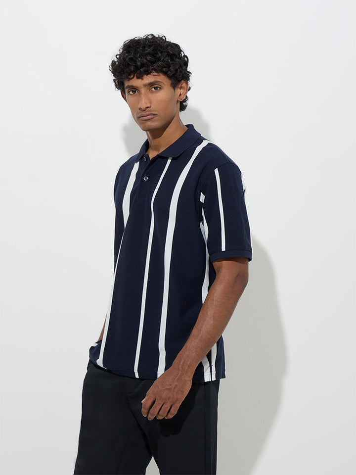 WES Casuals Navy Stripe Printed Relaxed-Fit Cotton-Blend Polo T-Shirt