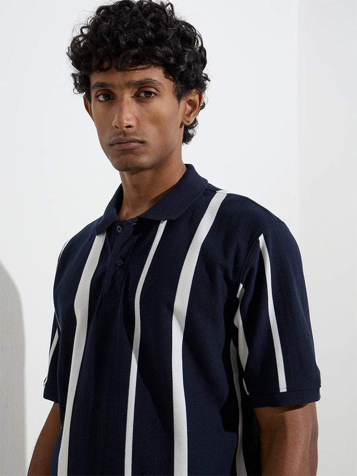 WES Casuals Navy Stripe Printed Relaxed-Fit Cotton-Blend Polo T-Shirt