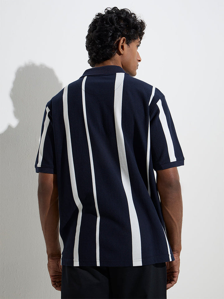 WES Casuals Navy Stripe Printed Relaxed-Fit Cotton-Blend Polo T-Shirt