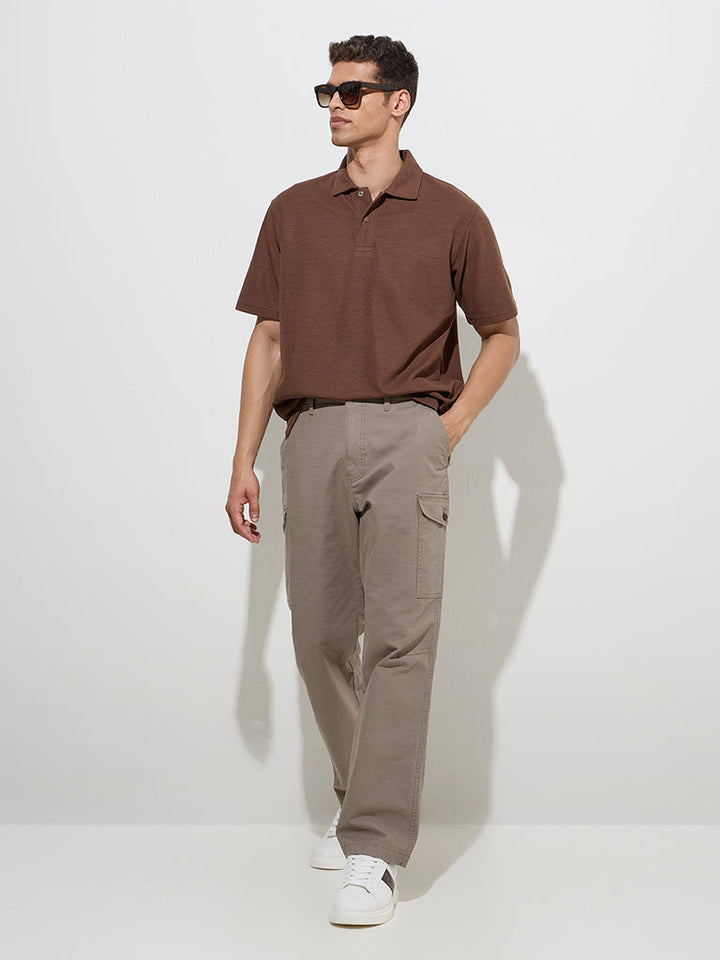 WES Casuals Brown Relaxed-Fit Cotton Polo T-Shirt