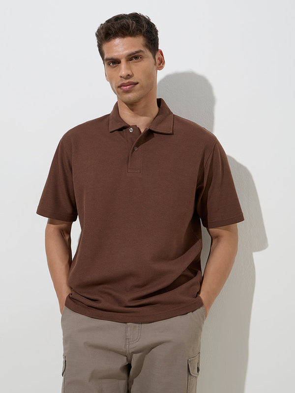 WES Casuals Brown Relaxed-Fit Cotton Polo T-Shirt