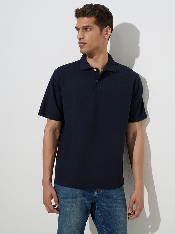 WES Casuals Navy Relaxed-Fit Cotton-Blend Polo T-Shirt