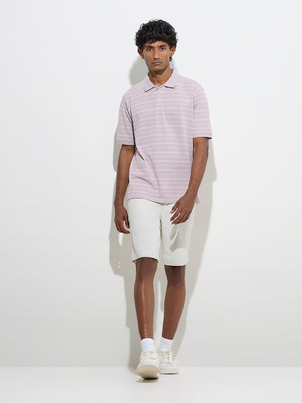 WES Casuals Lavender Striped Relaxed-Fit Cotton-Blend Polo T-Shirt